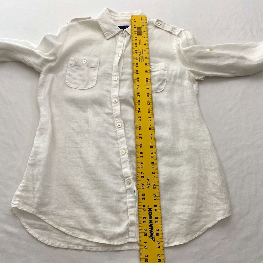 Martin & Osa Linen Shirt Button Up Roll Tab Sleeve Womens 2 White Military - Picture 13 of 14